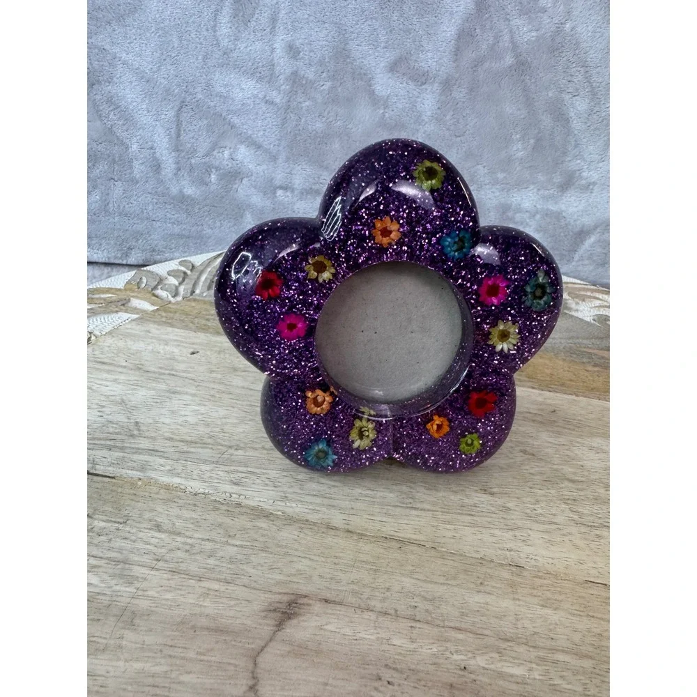 Purple Glitter Flower Resin Picture Frame with Dried Flowers Y2K Mini 4.5 inch